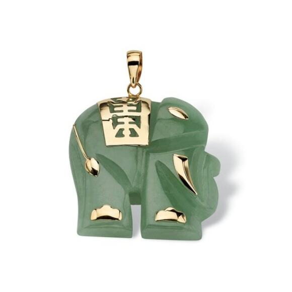 Vintage Jewelry - Stamped 14K Yellow Gold Carved Nephrite Jade Elephant Pendant